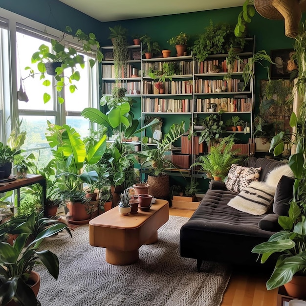 un salon avec une grande fenêtre qui dit "plantes en pot".