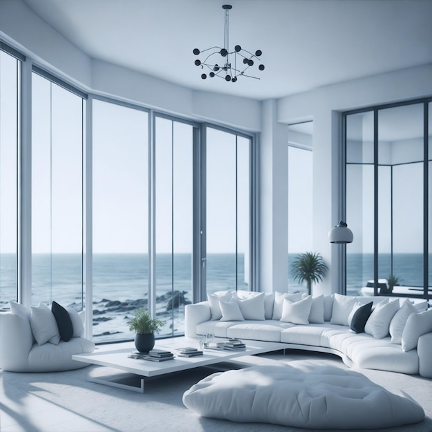 Un salon avec une grande fenêtre qui a une vue sur l'océan.