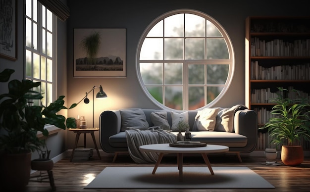 Un salon avec une grande fenêtre ronde et un canapé avec une plante dessus.