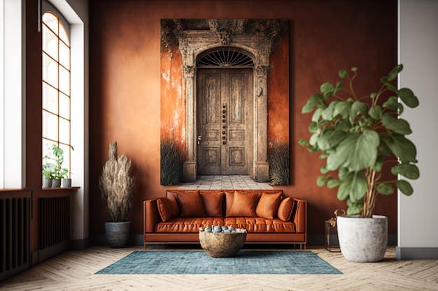 Un salon avec une grande porte en bois et une plante au mur.