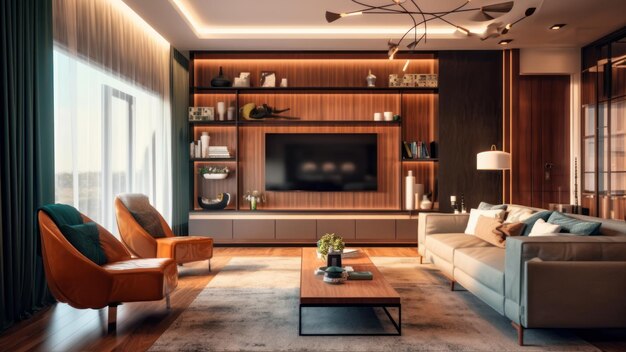 Un salon avec une grande télé et un canapé avec une grande télévision sur le mur.