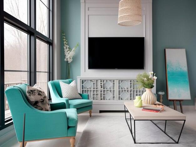 Un salon avec une grande télévision et une chaise bleue avec des oreillers dessus.