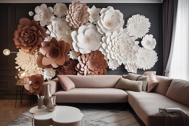 Un salon avec de grandes fleurs en papier au mur.