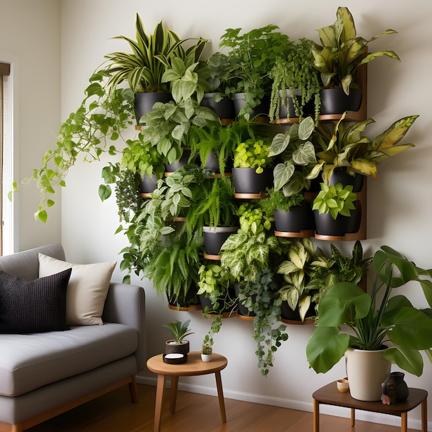 Un salon avec un A GREEN WALL une décoration murale