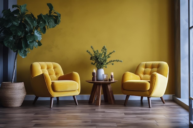 Salon de grenier 3D avec fauteuils jaunes et table basse avec plante