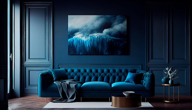Salon haut de gamme dans les tons bleus tendance Mur vide pour fond blanc d'art Grand canapé bleu foncé avec des murs bleu marine Conception de salon de luxe ou salle de réception ou espace de bureau AI générative