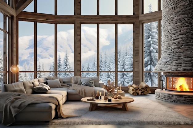 Salon d'hiver confortable du chalet de montagne avec cheminée et vue enneigée AI