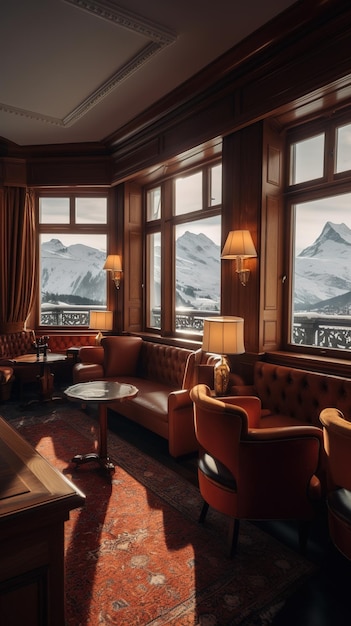 Le salon de l'hôtel est décoré avec une vue sur les montagnes.