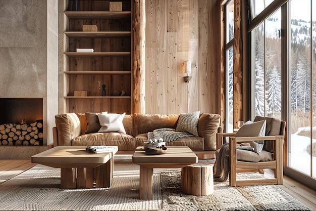 Salon inspiré d'une cabane de montagne avec des accents en bois
