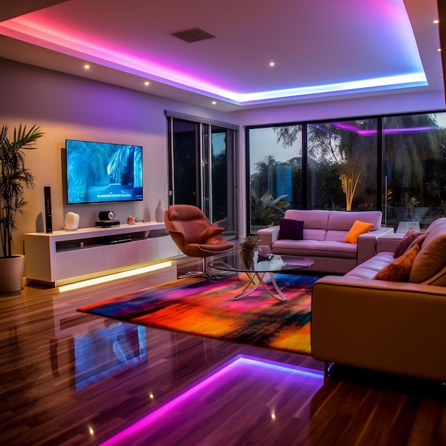 Salon intelligent moderne avec lumière LED multicolore