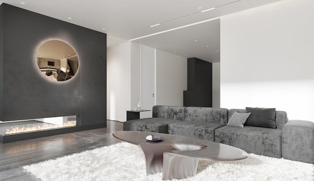Salon intérieur de couleur blanche et grise avec canapé. Illustration 3D