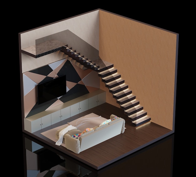 salon intérieur design moderne avec fauteuil escalier avec lampe salle isométrique rendu 3d