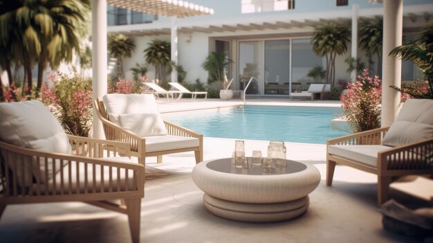 Photo salon intérieur exquis près de la piscine avec chaises longues zone hôtelière spa vacances relaxantes ai générative