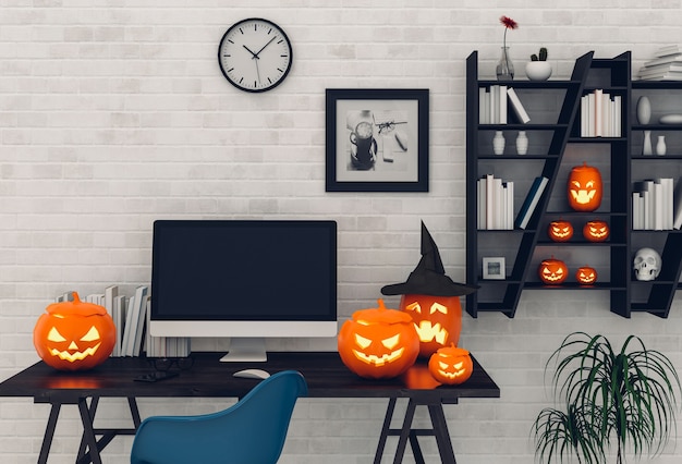 Salon intérieur de la fête d&#39;Halloween avec ordinateur de bureau et citrouilles