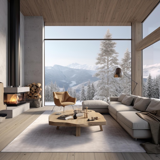 salon intérieur avec de grandes fenêtres donnant sur la montagne alpine en hiver
