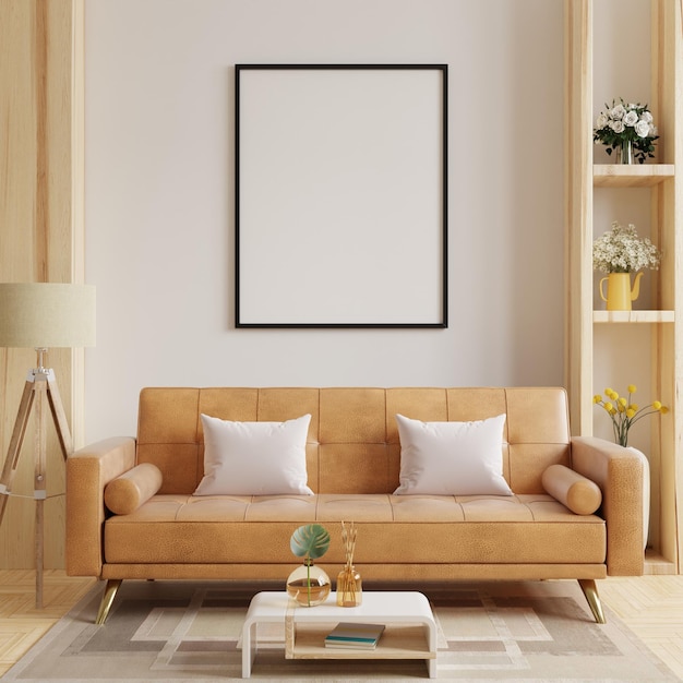 Salon intérieur minimaliste blanc avec canapé en cuir et accessoires dans la chambre