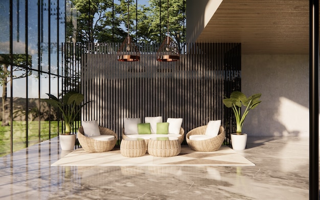 SALON INTÉRIEUR AVEC MOBILIER BLANC ET PLANTE VERTE