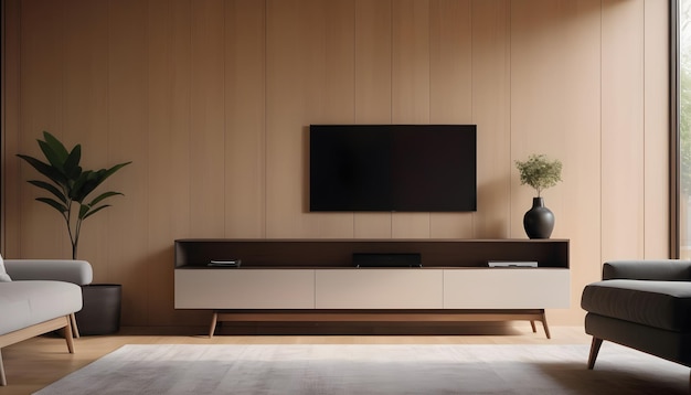 Salon à l'intérieur moderne avec une armoire de télévision élégante sur un fond de mur en bois