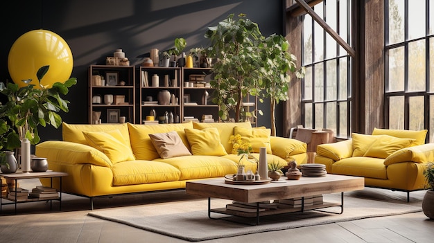 Salon intérieur moderne avec canapé confortable de couleur orange