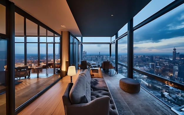 Salon intérieur moderne avec vue panoramique sur la ville