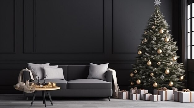 Salon intérieur de Noël dans un sapin de Noël de style scandinave avec coffrets cadeaux Canapé noir