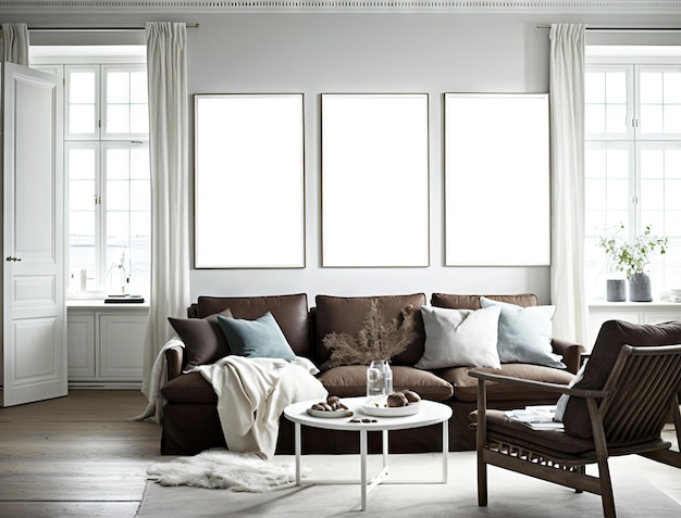 Salon intérieur scandinave avec canapé et cadre maquette sur le mur Generative AI