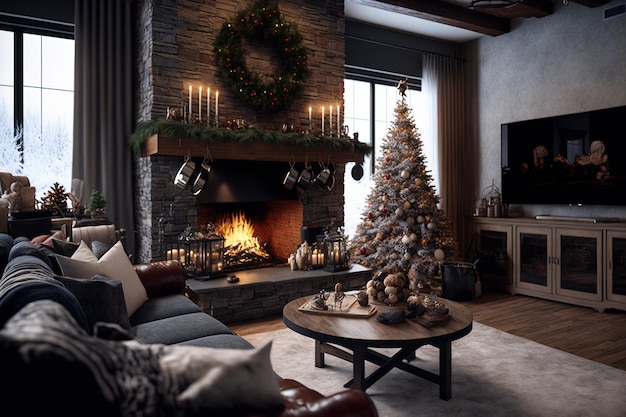 Salon joliment meublé avec des décorations de Noël, une cheminée et du bois de chauffage