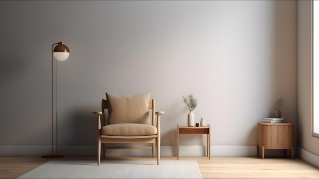 Un salon avec une lampe et une chaise devant.