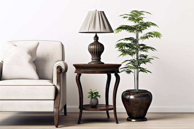 un salon avec une lampe et une plante sur la table