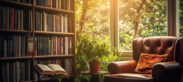 Un salon de lecture cosy avec un fauteuil et une bibliothèque et une grande fenêtre IA générative