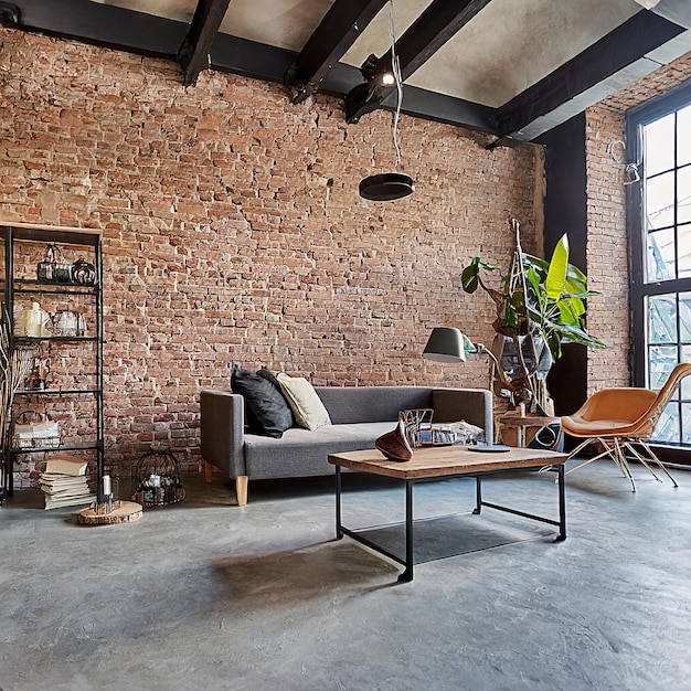 Salon loft moderne avec plafond élevé plancher en béton de mur de brique brune vide