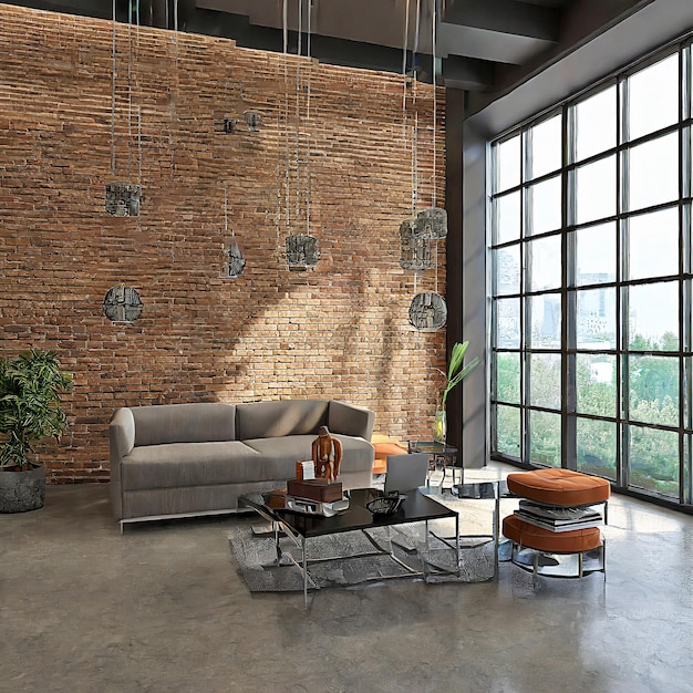 Salon loft moderne avec plafond élevé plancher en béton de mur de brique brune vide