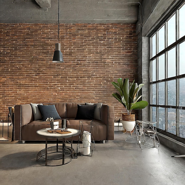 Salon loft moderne avec plafond élevé plancher en béton de mur de brique brune vide