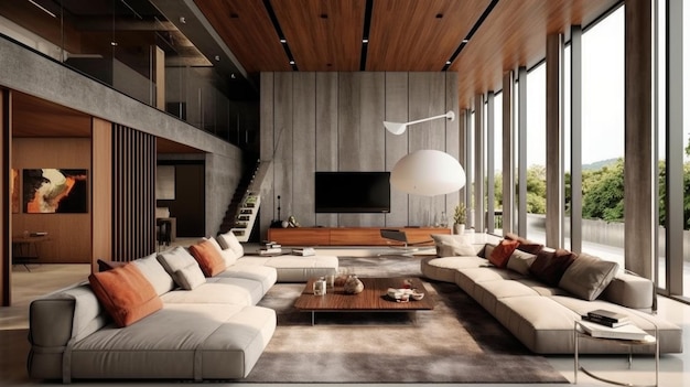 Un salon de loft moderne et spacieux d'un manoir de luxe avec un plafond élevé Generative AI AIG27
