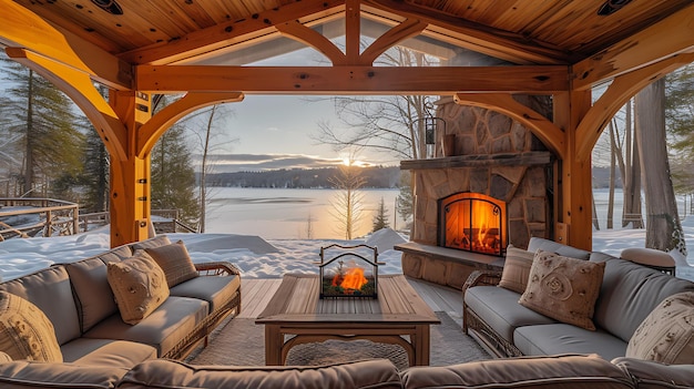 Salon de luxe avec cheminée sur le fond du paysage hivernal