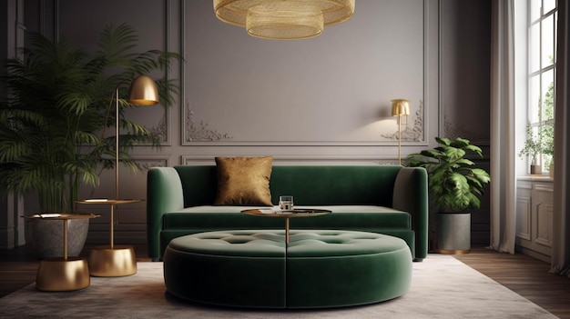 Salon de luxe dans la maison avec un canapé en velours vert au design intérieur moderne AI Generative