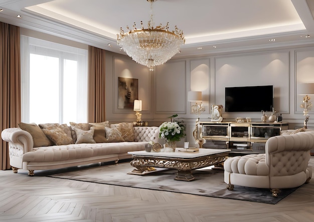 Salon de luxe avec lampe suspendue, table de canapé et télévision
