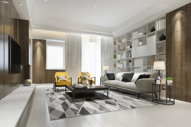 Salon de luxe loft rendu 3d avec fauteuil jaune avec étagère