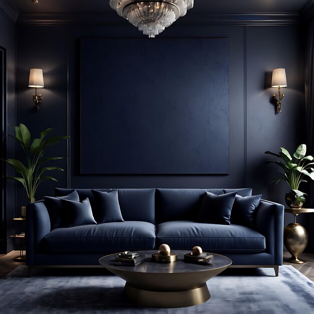 Salon de luxe avec petit canapé de couleur bleu marine mur vide d'accent avec noir profond décoratif