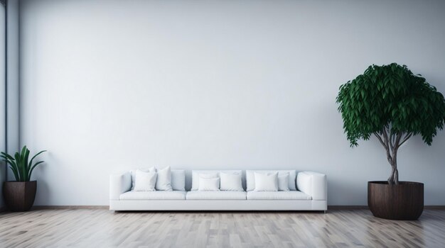 Salon de luxe avec plantes de canapé bleu et table sur fond de zoom de mur vide