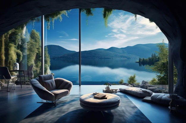 Salon de luxe avec vue sur le lac.