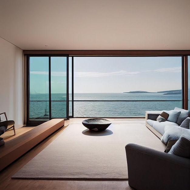 Salon de luxe avec vue sur la mer intérieur de maison moderne