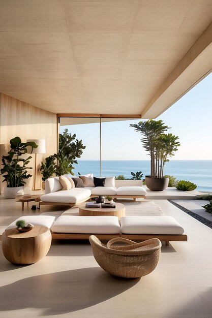 un salon de luxe avec vue sur l'océan et un balcon avec vue sur la mer