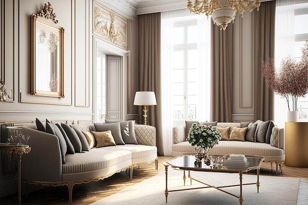 Salon luxueux et agréable avec une grande fenêtre au sol élégant mobilier beige avec des accents métalliques dorés et parquet en bois