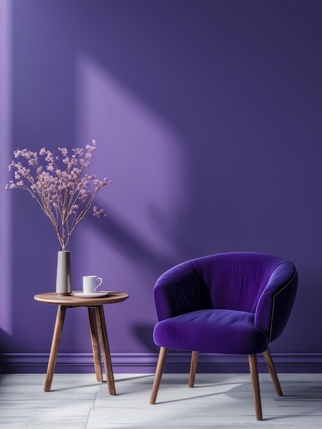 Un salon magnifique avec un luxueux fauteuil de velours violet une simple table d'appoint en bois et un arrangement frappant de fleurs violettes vibrantes tous baignés dans un éclairage doux et dramatique