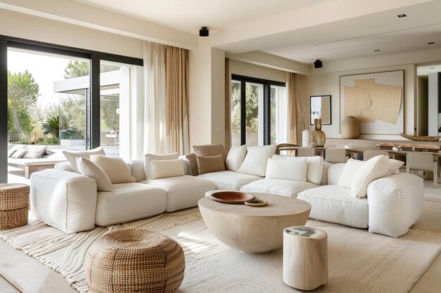 Un salon magnifiquement conçu dans un style contemporain avec un schéma de couleurs naturelles blanc et beige capturant un intérieur confortable et simple à la lumière du jour