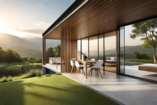 le salon d'une maison moderne avec vue sur les montagnes