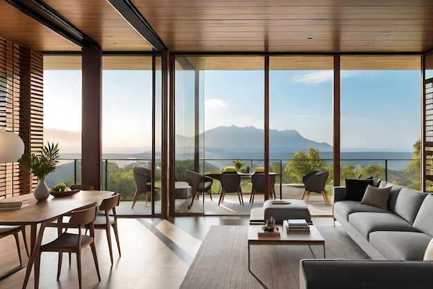 Le salon de la maison offre une vue sur l'océan et les montagnes.