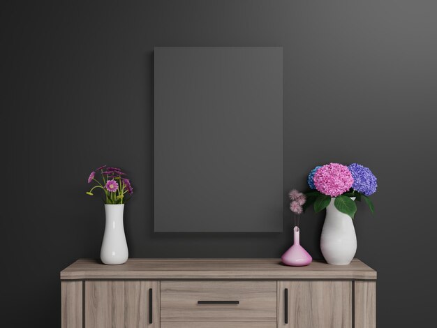 Salon de maquette de toile de fond de mur avec vase à fleurs et table