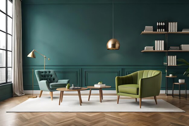 Un salon avec des meubles verts et une table basse.